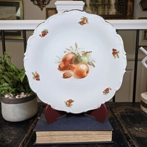 ​Vintage Bavaria Porcelain Serving Bowl | Pear & Nut Fruit Display Gold Trim 10"